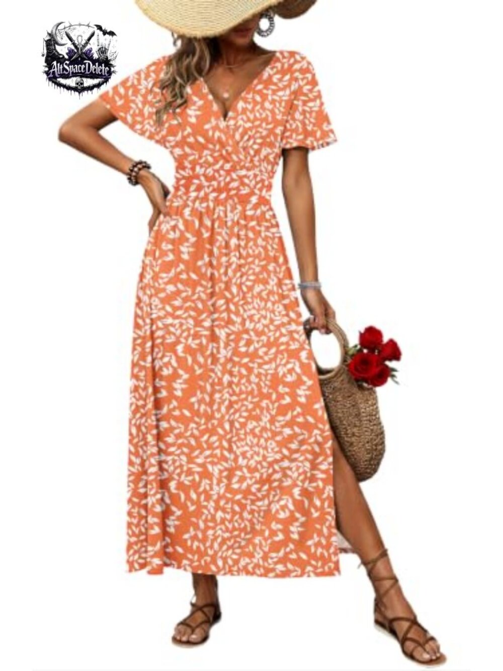 Floral Maxi Dress V-Neck Flutter Sleeve Slit Pockets Summer